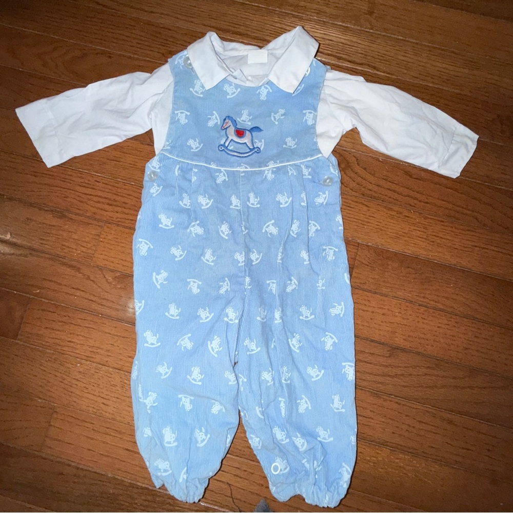 Vintage Blue Rocking Horse Corduroy Baby Romper with White Shirt (SET), 6-9m